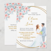 Invitation Aquarelle rose pâle Couple et Mariage Rose (Devant / Derrière)