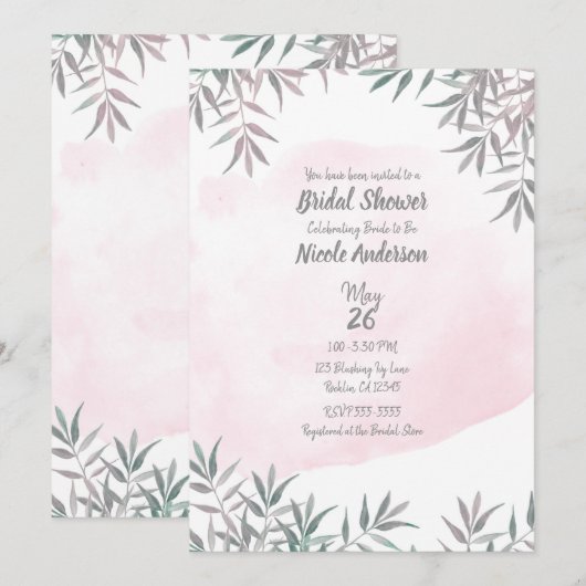 Invitation Aquarelle rose pâle Fête des mariées botanique chi (Devant / Derrière)