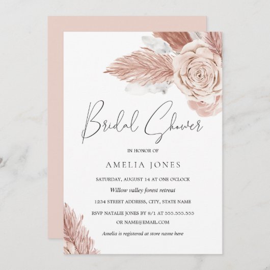 Invitation Aquarelle rose pâle Fête des mariées Fleurs Boho (Devant / Derrière)