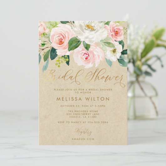 Invitation Aquarelle rose pâle Fête des mariées Kraft fleurie (Debout devant)