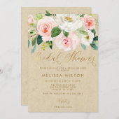 Invitation Aquarelle rose pâle Fête des mariées Kraft fleurie (Devant / Derrière)