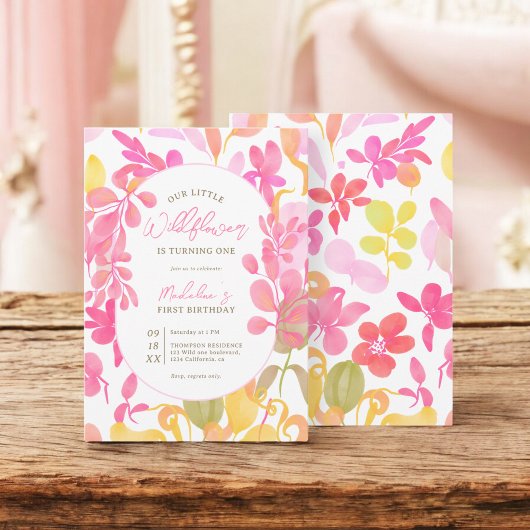 Invitation Aquarelle rose pâle fleur sauvage 1er anniversaire