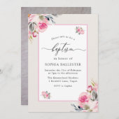 Invitation Aquarelle rose pâle Fleurs Baptême (Devant / Derrière)