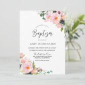 Invitation Aquarelle rose pâle Fleurs Élégant Baptême (Debout devant)