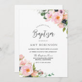 Invitation Aquarelle rose pâle Fleurs Élégant Baptême (Devant / Derrière)
