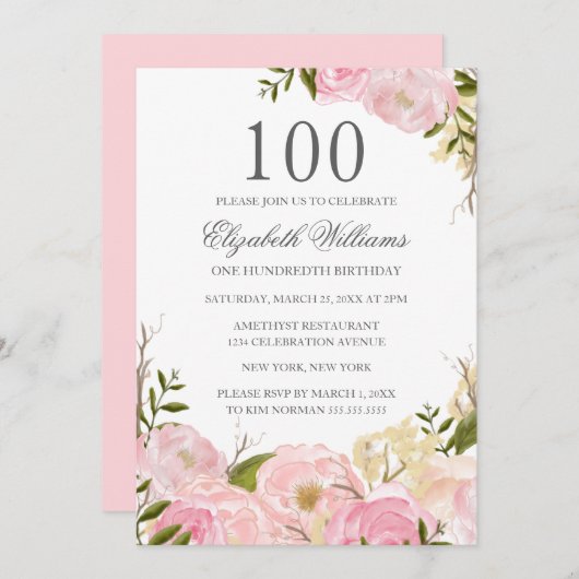 Invitation Aquarelle rose pâle Floral 100e anniversaire Invit (Devant / Derrière)