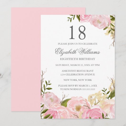 Invitation Aquarelle rose pâle Floral 18e anniversaire Invita (Devant / Derrière)