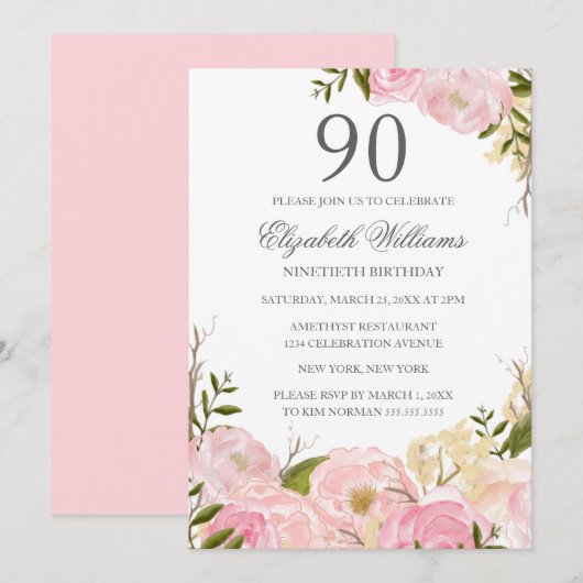 Invitation Aquarelle rose pâle Floral 90e anniversaire Invita (Devant / Derrière)