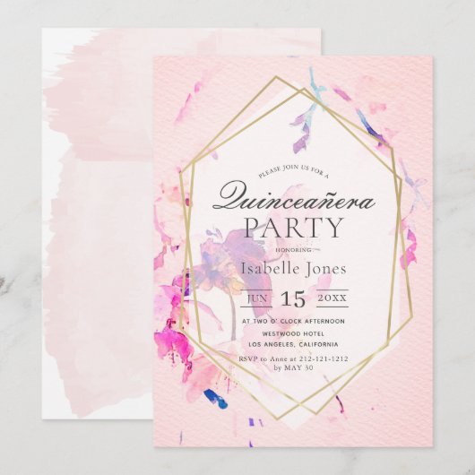Invitation Aquarelle rose pâle Floral Quinceañera (Devant / Derrière)
