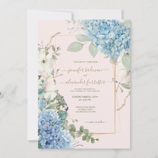 Invitation Aquarelle rose pâle Hydrangea Mariage bleu foncé (Devant)