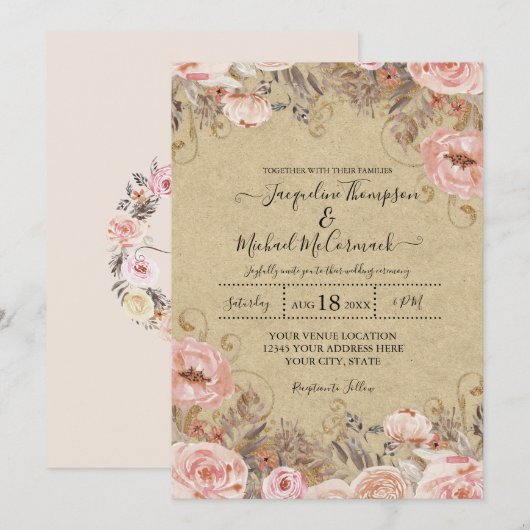 Invitation Aquarelle rose pâle Kraft Muet Rose Floral Or (Devant / Derrière)