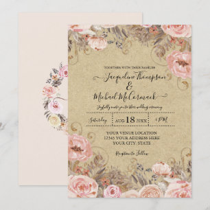 Invitation Aquarelle rose pâle Kraft Muet Rose Floral Or