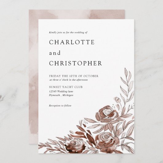 Invitation Aquarelle rose pâle lin mariage (Devant / Derrière)