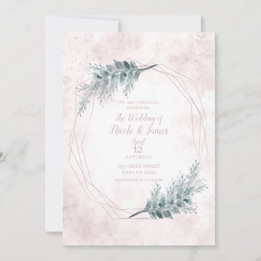 Invitation Aquarelle rose pâle Mariage botanique géométrique (Devant)