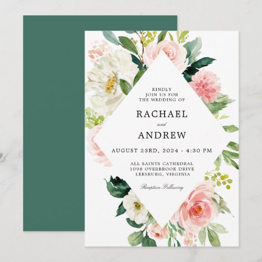 Invitation Aquarelle rose pâle Mariage Floral (Devant / Derrière)