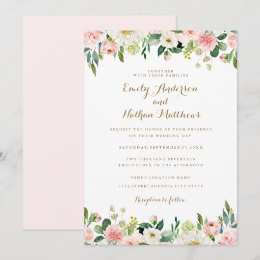 Invitation Aquarelle rose pâle Mariage floral (Devant / Derrière)