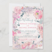 Invitation Aquarelle rose pâle monogrammée mariage de jardin (Devant)