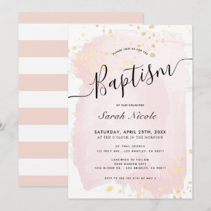 Invitation Aquarelle rose pâle or éclaboussures filles Baptêm