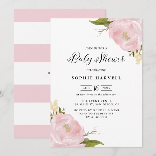 Invitation Aquarelle rose pâle Peonies Joli Baby shower (Devant / Derrière)