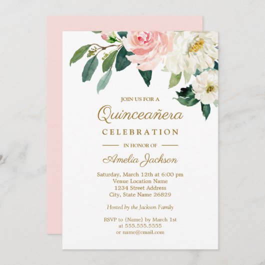 Invitation Aquarelle rose pâle Quinceanera (Devant / Derrière)