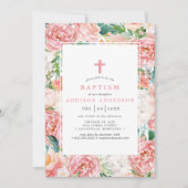 Invitation Aquarelle rose pâle Rose Baptême floral (Devant)