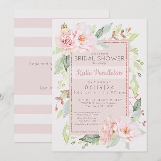 Invitation Aquarelle rose pâle Rose Feminine (Devant / Derrière)