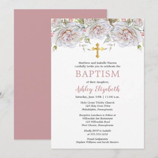 Invitation Aquarelle rose pâle Roses Baptême floral (Devant / Derrière)