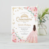 Invitation Aquarelle rose pâle Roses or Quinceanera (Debout devant)