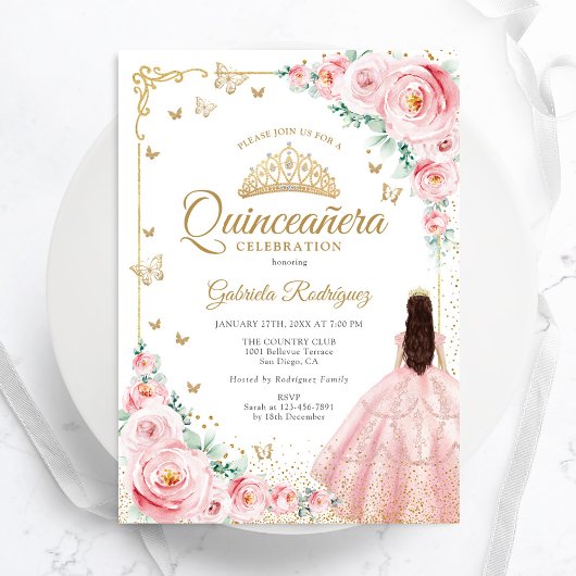 Invitation Aquarelle rose pâle Roses or Quinceanera