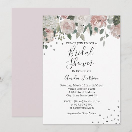 Invitation Aquarelle rose pâle Silver Fête des mariées floral (Devant / Derrière)