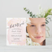 Invitation Aquarelle rose pâle x Bat mitzvah photo or (Debout devant)