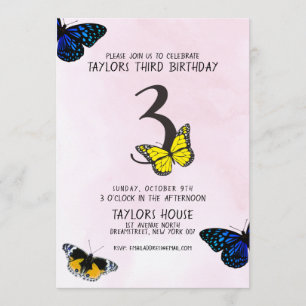 Invitation Aquarelle rose papillon 3D Anniversaire