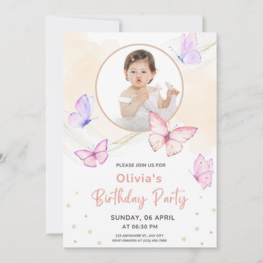 Invitation Aquarelle rose papillon Anniversaire (Devant)