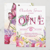 Invitation Aquarelle rose papillon Floral Anniversaire (Devant / Derrière)