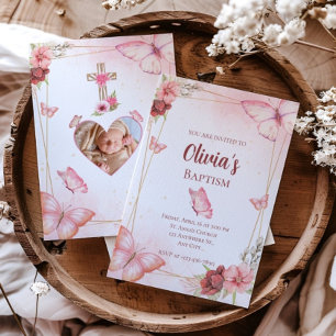 Invitation Aquarelle rose Papillon floral Photo Baptême