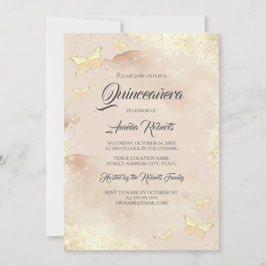 Invitation Aquarelle Rose Papillon Or Robe Quinceanera (Devant)