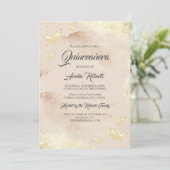 Invitation Aquarelle Rose Papillon Or Robe Quinceanera (Debout devant)