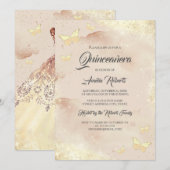 Invitation Aquarelle Rose Papillon Or Robe Quinceanera (Devant / Derrière)
