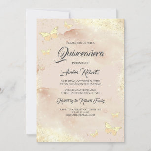 Invitation Aquarelle Rose Papillon Or Robe Quinceanera