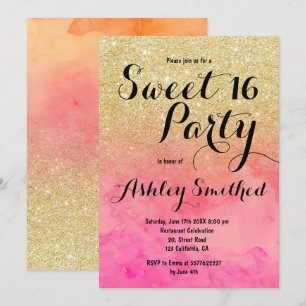 Invitation Aquarelle rose parties scintillant faux or moderne