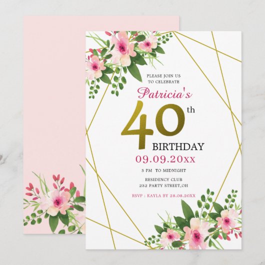 Invitation Aquarelle rose Parties scintillant or floral 40e a (Devant / Derrière)