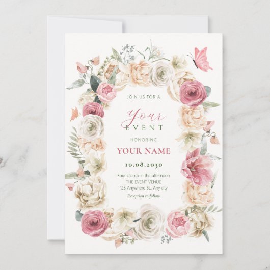 Invitation aquarelle rose pastel (Devant)