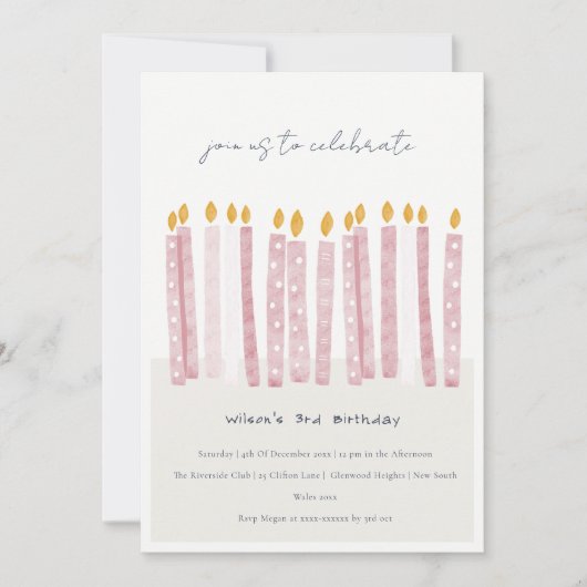 Invitation Aquarelle rose pastel mignonne aux bougies d'anniv (Devant)