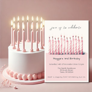 Invitation Aquarelle rose pastel mignonne aux bougies d'anniv