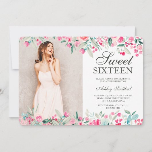 Invitation Aquarelle rose pastel vert-rose-vert-vert-vert-cou (Devant)