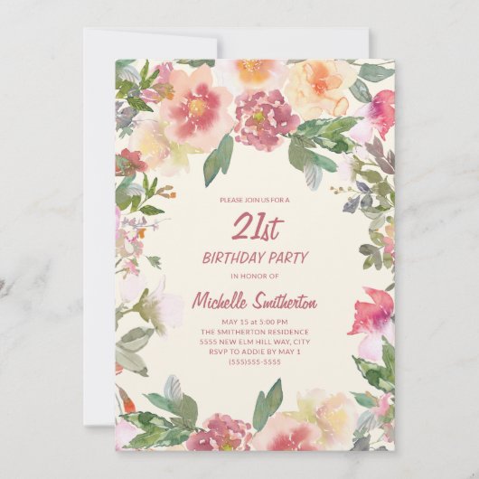 Invitation Aquarelle rose Peach Floral 21e anniversaire (Devant)