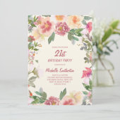 Invitation Aquarelle rose Peach Floral 21e anniversaire (Debout devant)