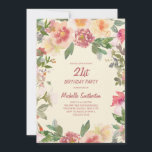 Invitation Aquarelle rose Peach Floral 21e anniversaire<br><div class="desc">Élégante invitation à la fête du 21e anniversaire de mariage féminine rose vif et pêche à l'aquarelle avec des feuilles verts. Le texte est entièrement personnalisable,  de sorte que cette carte peut être changée pour n'importe quel âge.</div>