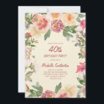 Invitation Aquarelle rose Peach Floral 40e anniversaire<br><div class="desc">Élégante invitation à la fête du 40e anniversaire des femmes à l'aquarelle rose et pêche avec des feuilles verts. Le texte est entièrement personnalisable,  de sorte que cette carte peut être changée pour n'importe quel âge.</div>