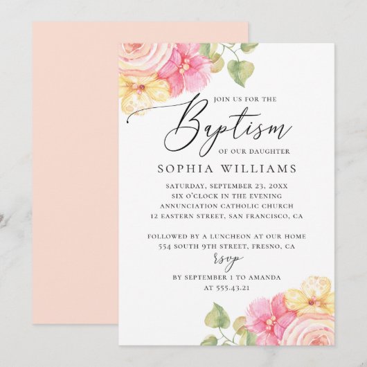 Invitation Aquarelle rose pêche élégant baptême floral (Devant / Derrière)